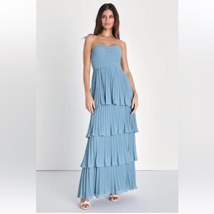 Lulus Seriously Sensational Light Blue Strapless Tiered Maxi Dress, Size Small